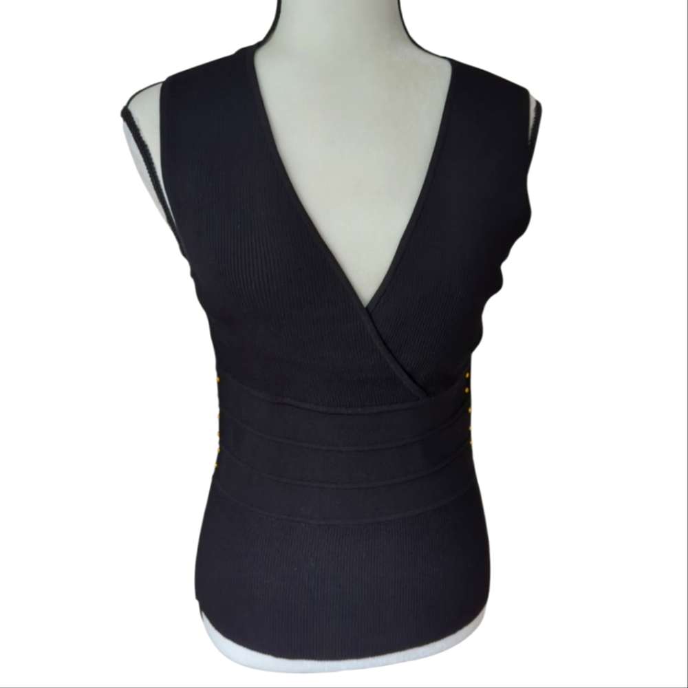 Evie Ribbed Knit Wrap Style Tank Top Embellished MEDIUM Black - Picture 2 of 14